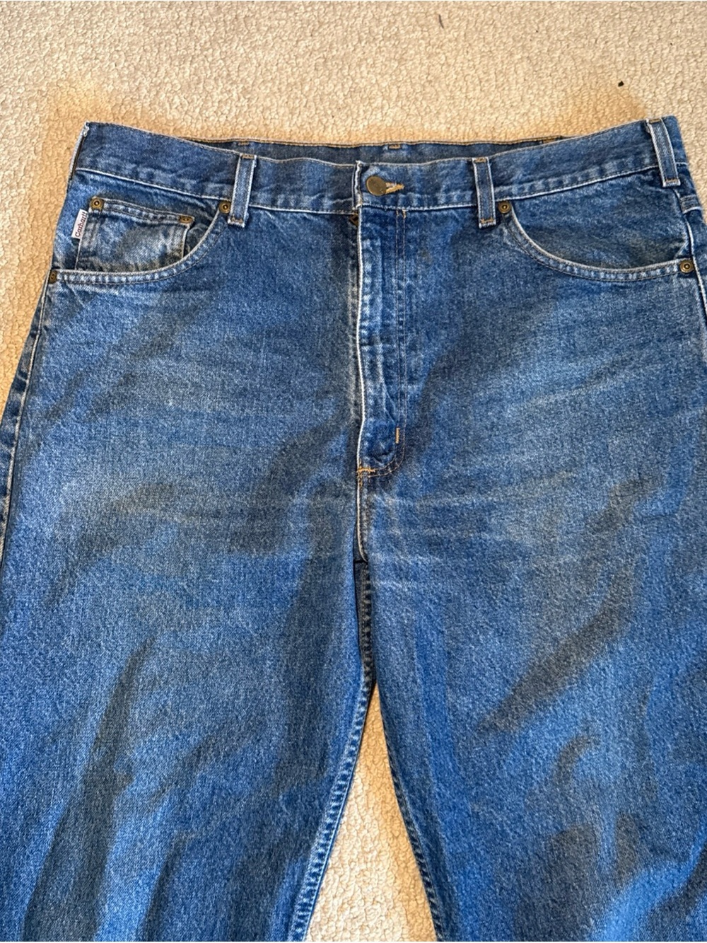 Vintage Carhartt Denim Relaxed Fit Jeans Leather Patch 2002 Workwear | 38Wx34L - Picture 3 of 8